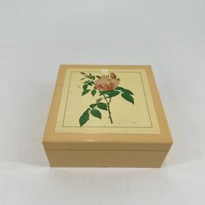 Vintage Botanical Rose Coaster Set of 6 with Hinged Wooden Storage Box Cork Back